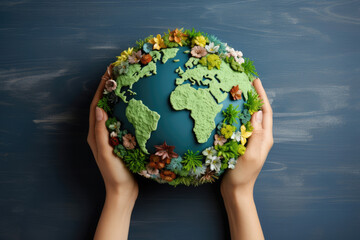 Hands holding planet earth made of paper, concept of environmental protection, ecology