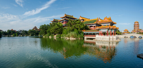 Obraz premium Palace on Lake, Beautiful Penglai San Xian Mountain, Shandong, China