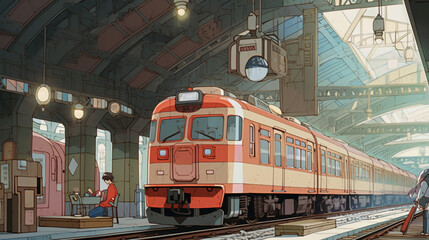 City's Rhythms: Anime-style Illustration of a Lively Train Terminal, Generative AI