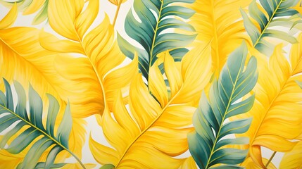 Abstract Background of illustrated Tropical Leaves. Exotic Wallpaper in yellow Colors
