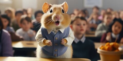 Hamster in a classroom with students discussing the ethics of animal testing, concept of Classroom discussion - obrazy, fototapety, plakaty