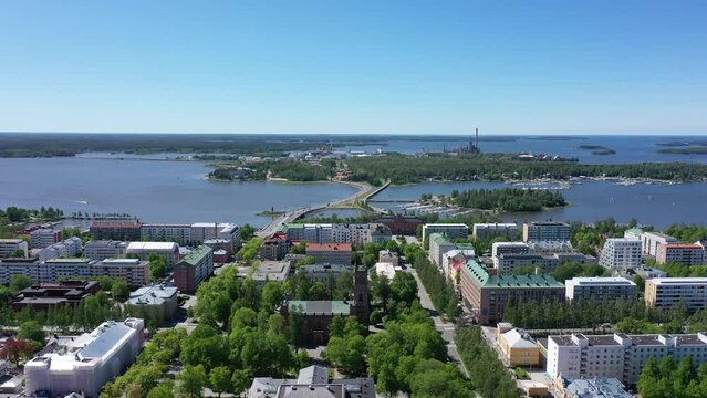 Aerial footage over the city of Vaasa on the Baltic Sea coast on a sunny day, Finland