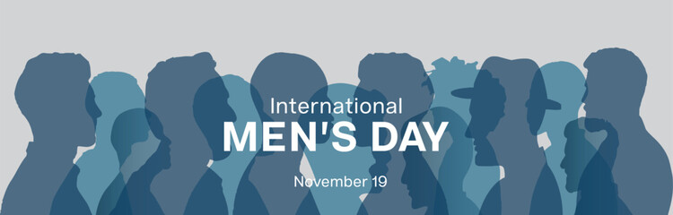 International Men's Day banner design with blue silhouette of men. Vector illustration - obrazy, fototapety, plakaty