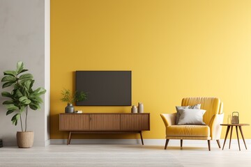 A modern, neutral-colored living room centers around a striking yellow armchair. The clean aesthetic is complemented by a wooden TV stand, while a textured wall with a hidden light

