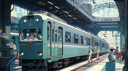 Fototapeta premium Transit Melodies: Anime-style Illustration of a Dynamic Urban Hub, Generative AI