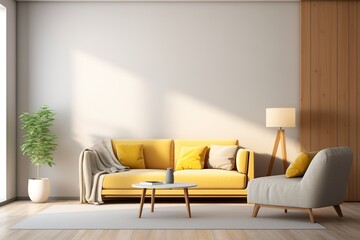 Fototapeta na wymiar A modern, neutral-colored living room centers around a striking yellow armchair. The clean aesthetic is complemented by a wooden TV stand, while a textured wall with a hidden light