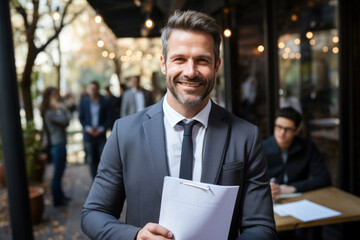 Fototapeta premium Businessman middle-aged man with documents in hand in the office
