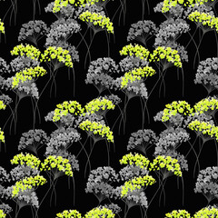 Floral seamless pattern. Hand drawn twigs with yellow, green, gray  flowers on black background. Bright template for design, textile, wrapping. - 658688218