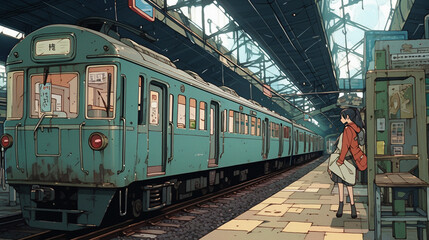 Obraz premium Vibrant Railways: Anime-style Illustration of a Thriving Train Hub, Generative AI