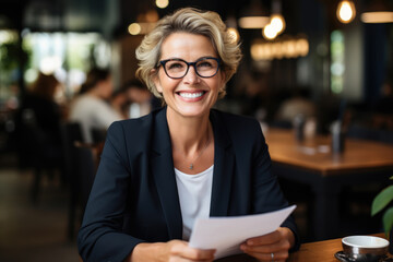 mature middle aged business woman holding documents - obrazy, fototapety, plakaty