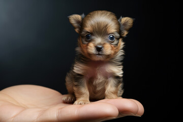 Tiny miniature dog, puppy in hand