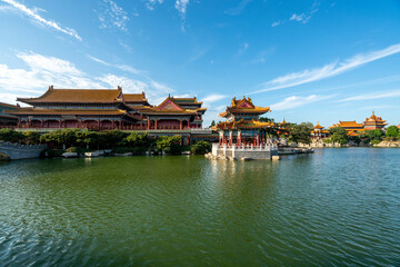 Fototapeta premium Palace on Lake, Beautiful Penglai San Xian Mountain, Shandong, China