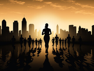 Silhouette illustration of a jogging or marathon runner running in the evening or morning.