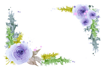 Two corner frame of beautiful purple roses, leaves and colorful watercolor splashes isolated on white background. Hand drawn watercolor. Copy space.