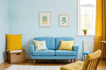 Fototapeta na wymiar modern living room with light blue sofa, art canvas and blue and yellow cushions