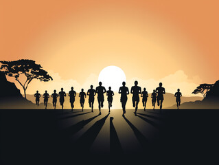 Silhouette illustration of a jogging or marathon runner running in the evening or morning.