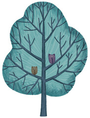 Tree and Owl in nighttimel. Cute childish style. Hand drawn illustration isolated on white background. Watercolor ,pastel, crayons, oil pastel and chalk painting