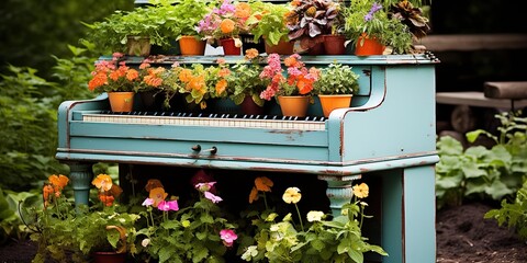 Old piano repurposed into a garden bed, with colorful flowers sprouting from its keys, concept of Recycled musical instrument