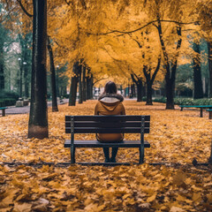 A lonely woman sits on a bench in a park 
