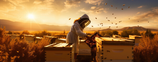 beekeeper working with many bee hives in garden. Beekeepers concept. - obrazy, fototapety, plakaty