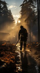 A professional firefighter extinguishes the flame. A burning forest and a man in a firefighter's uniform, rear view. Concept: Fire has engulfed nature, danger of arson.