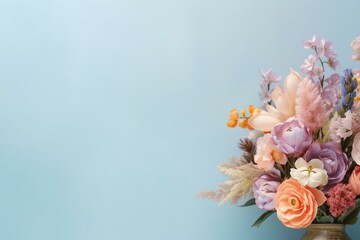 Colorful floral arrangement with fresh flowers on a pastel background, creating a festive concept with ample space for text. Generative AI