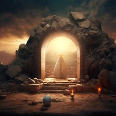 Empty Tomb At Sunrise - Resurrection Concept