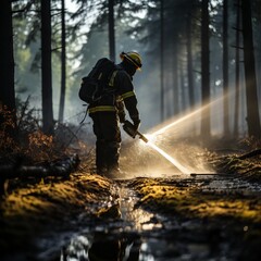 Naklejka premium A professional firefighter extinguishes the flame. A burning forest and a man in a firefighter's uniform, rear view. Concept: Fire has engulfed nature, danger of arson.