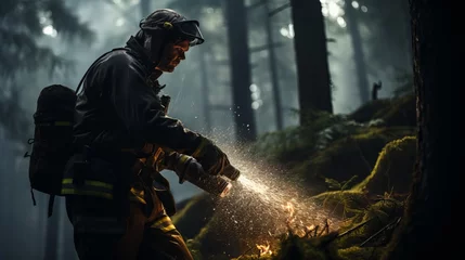 Tuinposter A professional firefighter extinguishes the flame. A burning forest and a man in a firefighter's uniform, rear view. Concept: Fire has engulfed nature, danger of arson. © Marynkka_muis