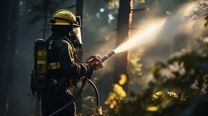 Obraz premium A professional firefighter extinguishes the flame. A burning forest and a man in a firefighter's uniform, rear view. Concept: Fire has engulfed nature, danger of arson.