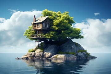 A small island house symbolizing freedom and independence. Generative AI - obrazy, fototapety, plakaty
