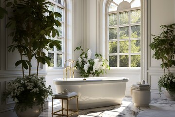 Fototapeta na wymiar Opulent bathroom featuring white marble, plants, freestanding tub, and ample sunlight. Generative AI
