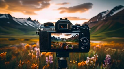 A camera with a picture of a mountain range in the background