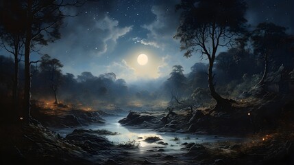 Fototapeta na wymiar a tranquil night scene of a river illuminated by a full moon