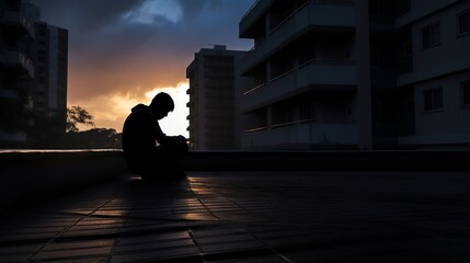 The silhouette of a man, seated on a residential building walkway with head in hands, conveys a poignant image of sadness and loneliness. 