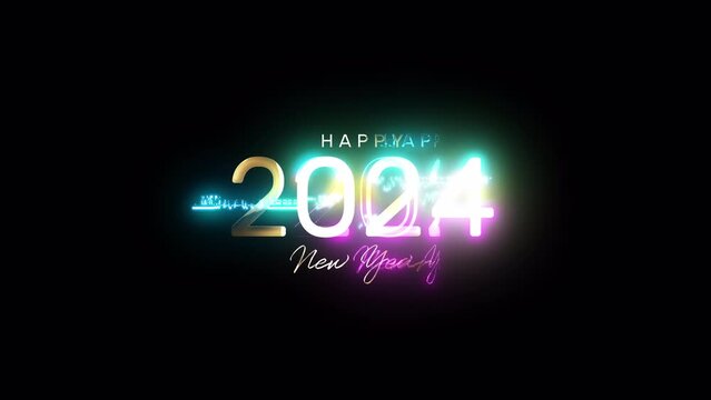 2024 Happy New Year golden shine glittering text glitch cyber punk effect with snowball animation on black background. Isolated with alpha channel quicktime prores 444. 