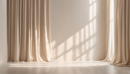 Minimalist Product Showcase: Beige Background with Curtain Shadows