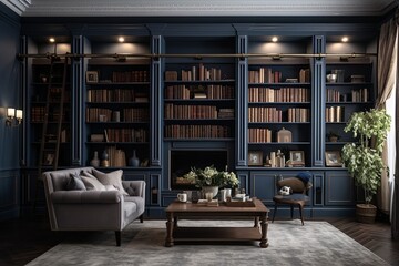 library denroom home interior design and decoration blue color classic decorate in classic formal living room with big window and daylight home interior design concept - obrazy, fototapety, plakaty