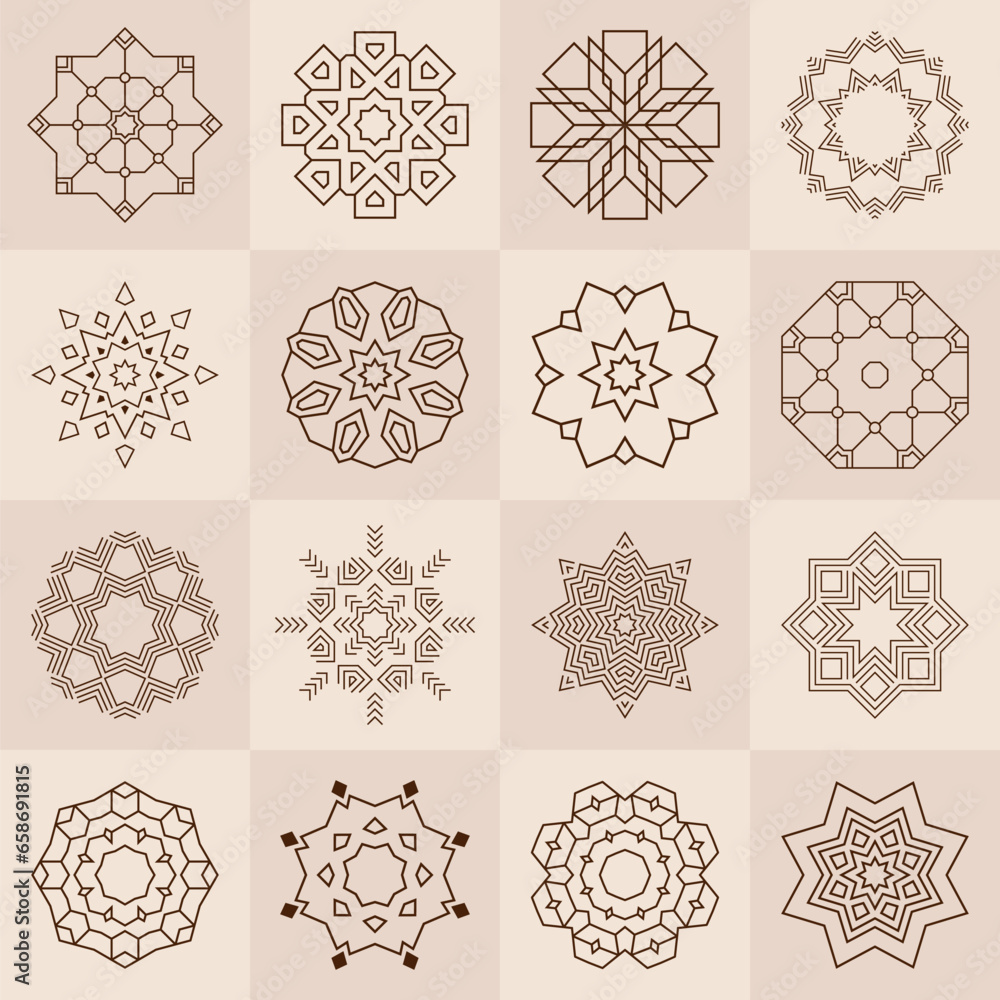 Wall mural seamless vector pattern with geometric circular ornaments isolated on square tiles. symmetric geomet