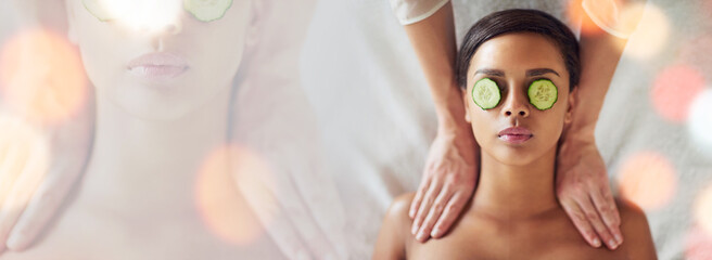 Woman, massage and spa banner with cucumber skincare, eyes wellness and beauty on double exposure....