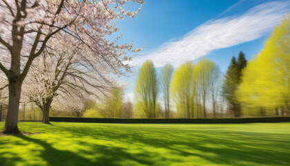 Blurred Nature Scene with Trimmed Lawn and Trees
