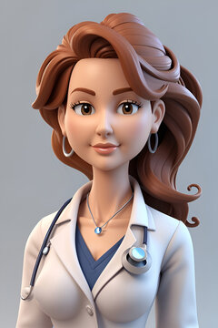 Portrait of Lady Doctor, Women nurse standing in doctor dress uniform with open hair on plain background. Cartoon Character of a Female Doctor 3D Illustration