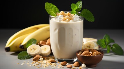 milkshake glass with Banana-Peanut Butter Protein Smoothie isolated on white background, Generative AI