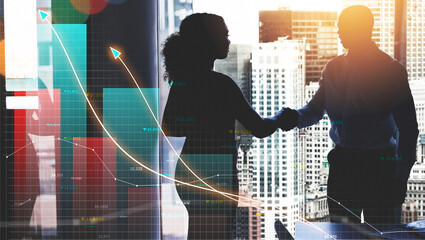 Silhouette, handshake and business people with overlay of data analysis success and company growth from teamwork. Partnership, agreement and employees with graphs, sales and deal strategy in meeting