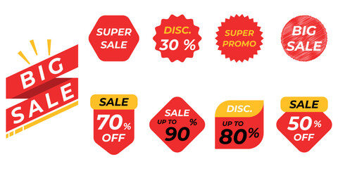 Set of discount sale off the tag, 30, 50, 70, 80, 90 percent. Promotion red banner with discount offer, special offer tag sticker design element, mega discount deal banners. Flat vector illustration