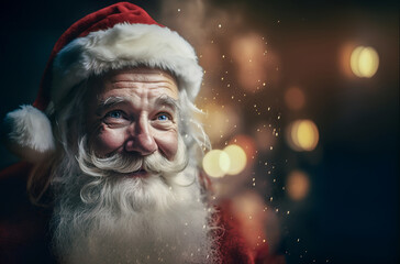 Close up portrait of Santa Claus kind and gentle face in the night time. Bokeh background, copy space. 