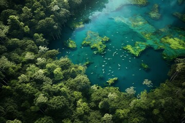 Naklejka na ściany i meble Overhead perspective of lush forest and a body of water. Generative AI