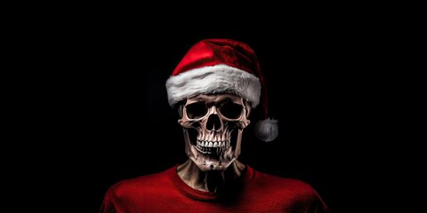 Portrait of a skull wearing a christmas red cap, concept of Festive holiday decor