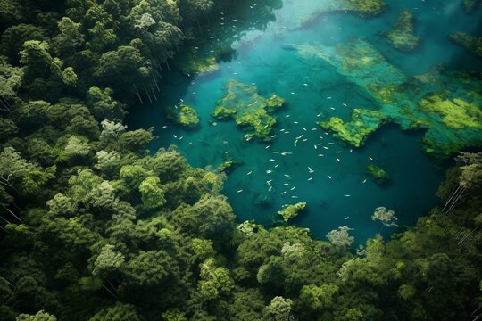 Overhead perspective of lush forest and a body of water. Generative AI