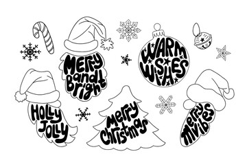 Christmas holiday retro doodle lettering set. Christmas quotes or slogans. Ideal for shirt print, stickers, decoration. Black isolated outline elements on white background